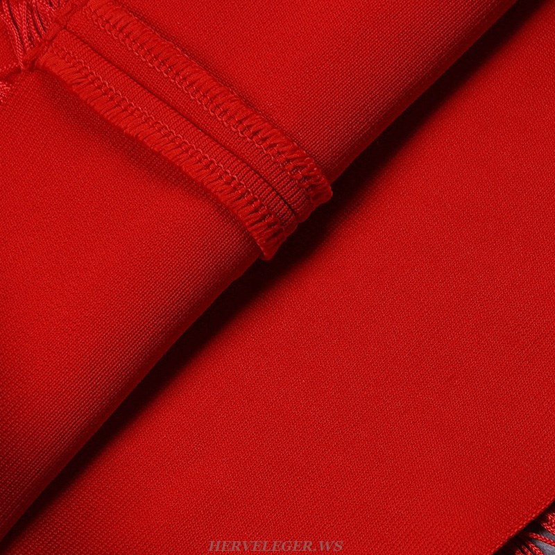 Herve Leger Red Off Shoulder Tassel Dress
