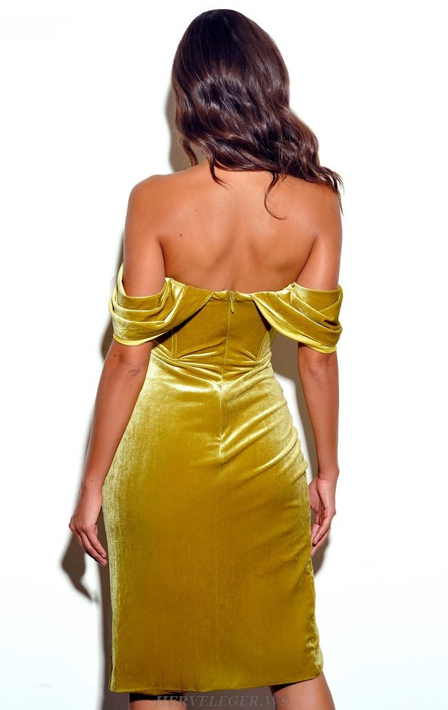 Herve Leger Gold Off The Shoulder Draped Velvet Corset Dress