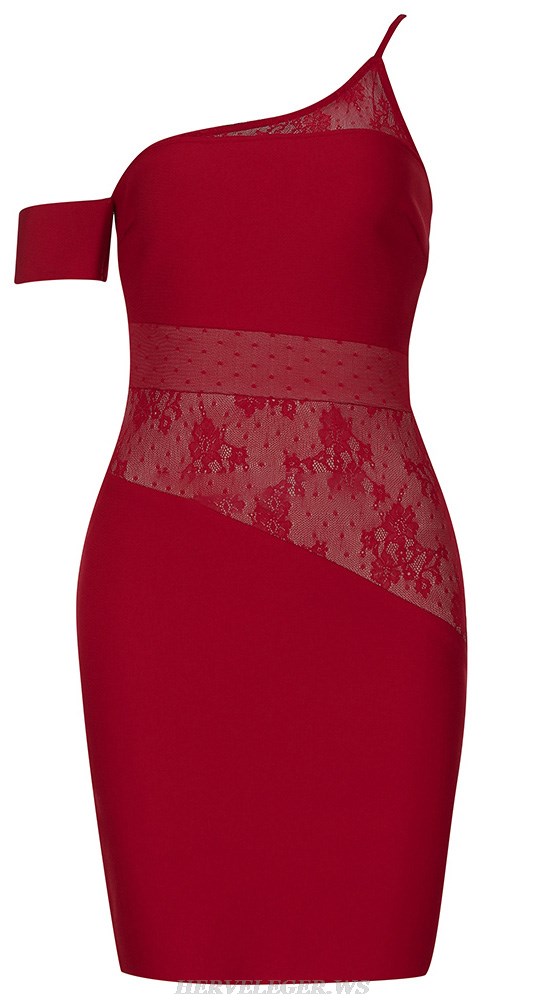 Herve Leger Red One Shoulder Lace Asymmetric Dress