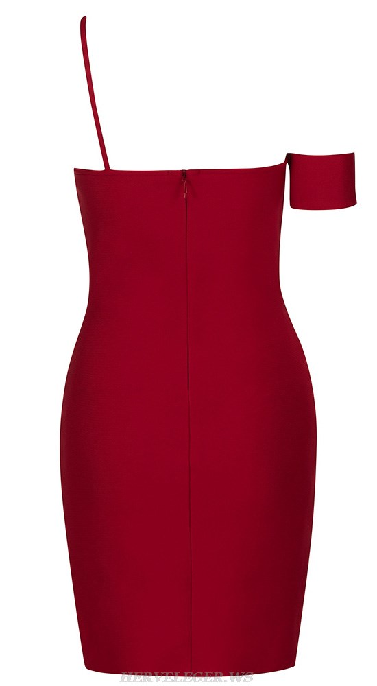 Herve Leger Red One Shoulder Lace Asymmetric Dress