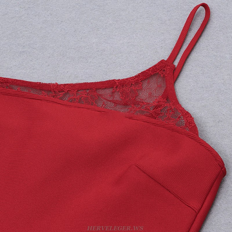 Herve Leger Red One Shoulder Lace Asymmetric Dress