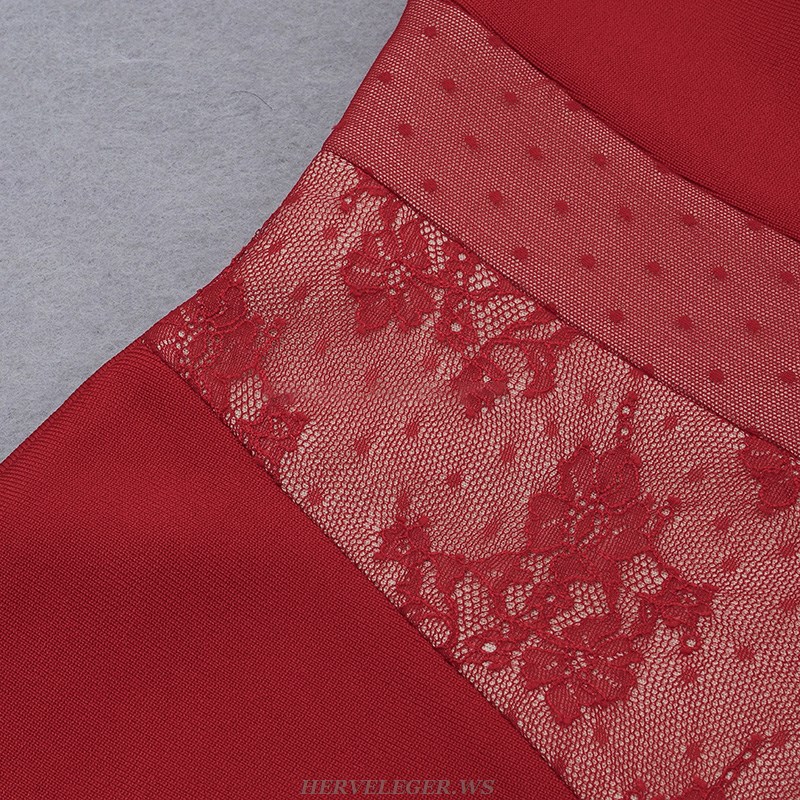 Herve Leger Red One Shoulder Lace Asymmetric Dress