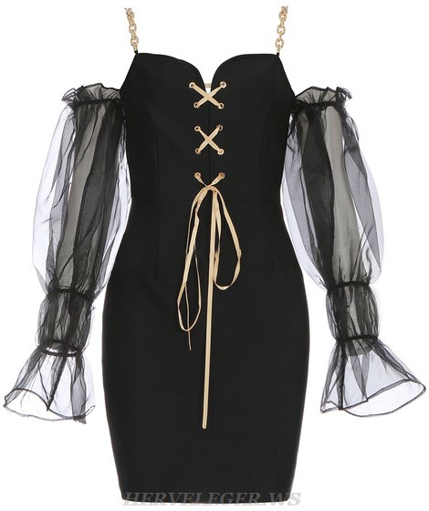 Herve Leger Black Puff Sleeve Chain Strap Lace Up Dress