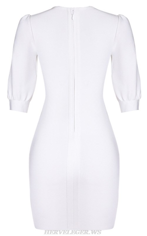 Herve Leger White Puff Sleeve Corset Detail Dress