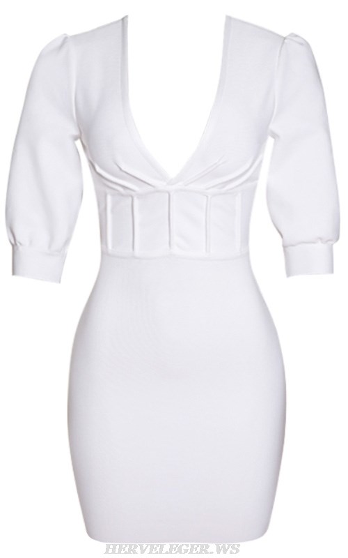 Herve Leger White Puff Sleeve Corset Detail Dress