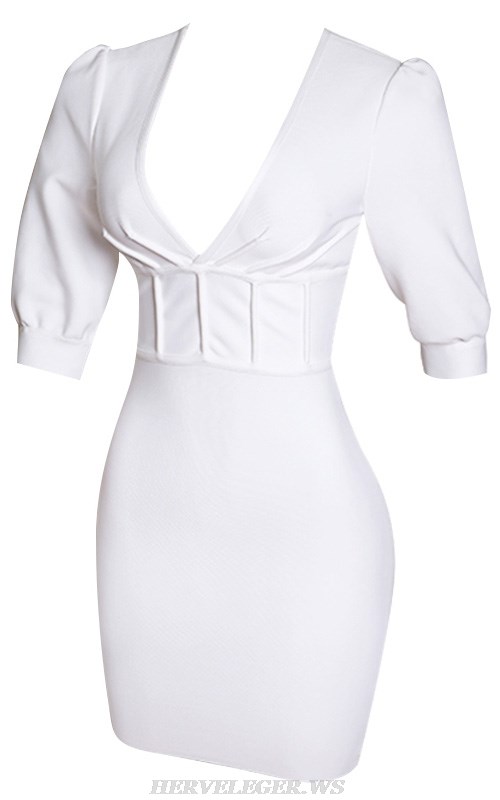 Herve Leger White Puff Sleeve Corset Detail Dress