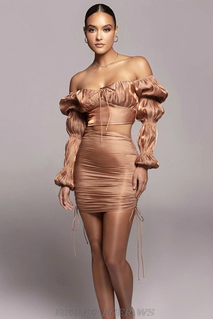 Herve Leger Brown Puff Sleeve Ruched Two Piece Dress