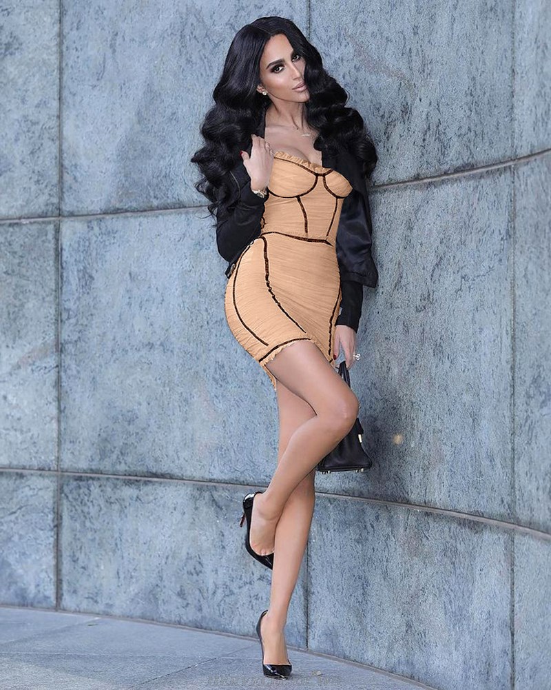 Herve Leger Caramel Black Ruched Mesh Bustier Dress