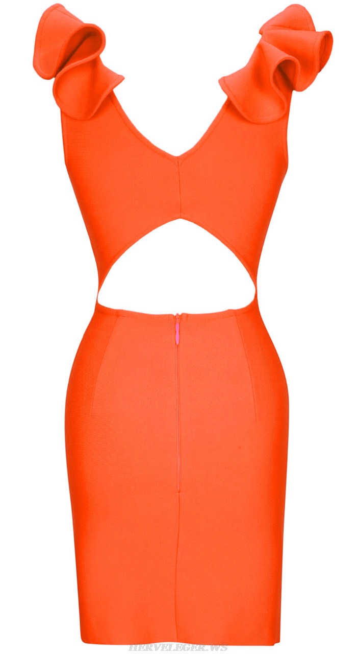 Herve Leger Orange Ruffle Detail Dress