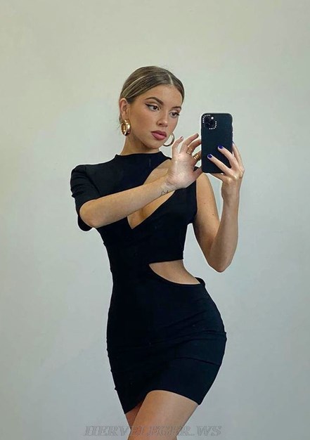 Herve Leger Black Short Sleeve Asymmetric Dress