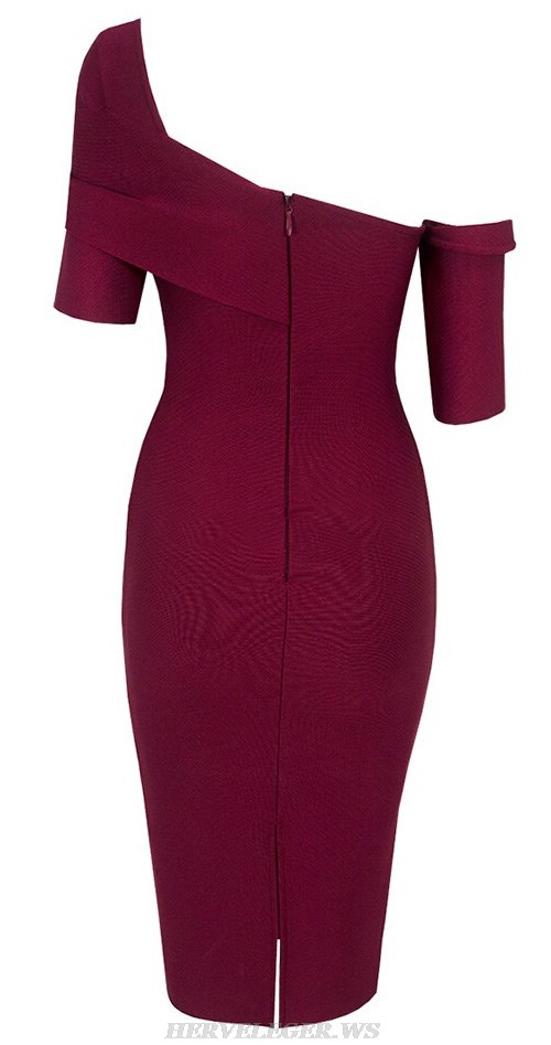 Herve Leger Burgundy Short Sleeve Asymmetric Dress