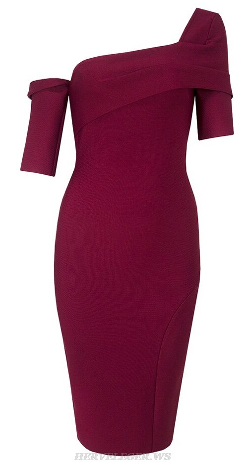 Herve Leger Burgundy Short Sleeve Asymmetric Dress