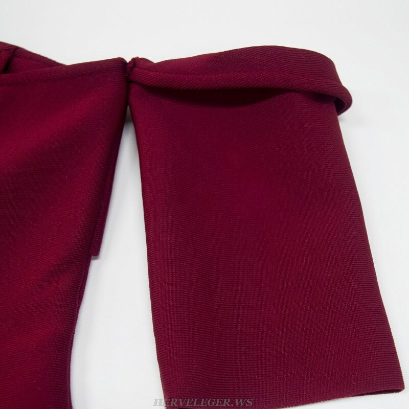 Herve Leger Burgundy Short Sleeve Asymmetric Dress