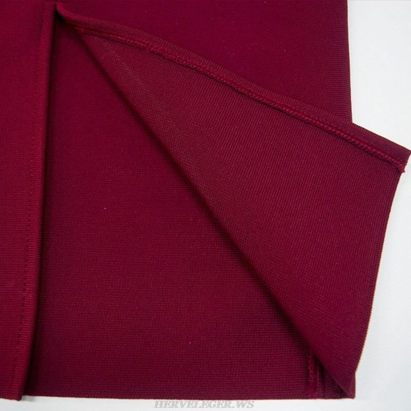 Herve Leger Burgundy Short Sleeve Asymmetric Dress