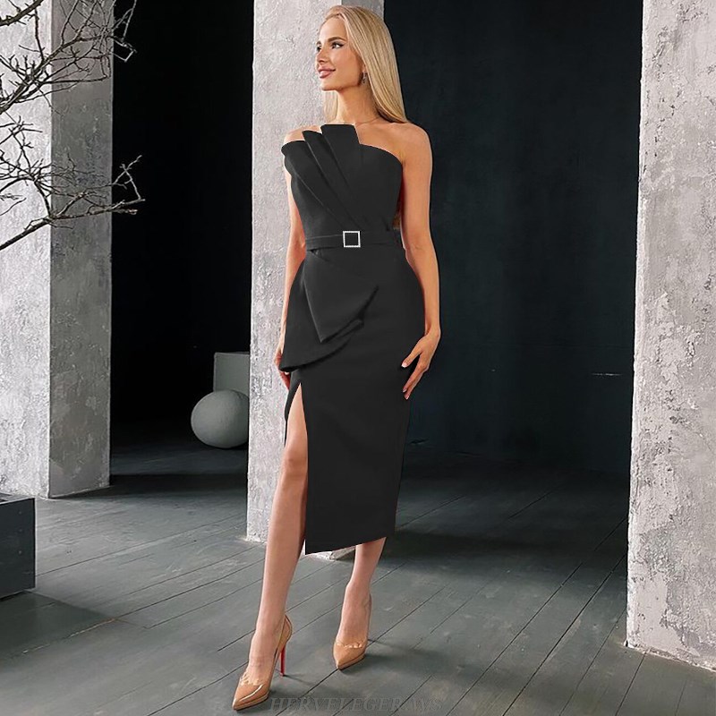 Herve Leger Black Strapless Draped Dress