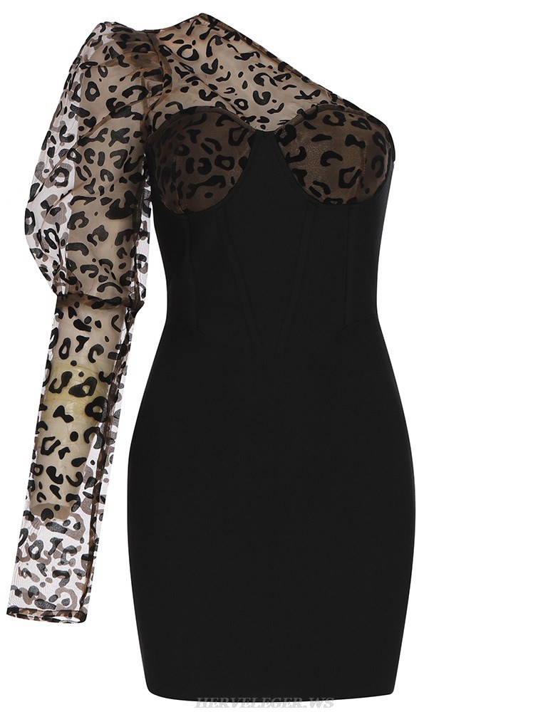 Herve Leger Black Animal Print One Sleeve Corset Dress