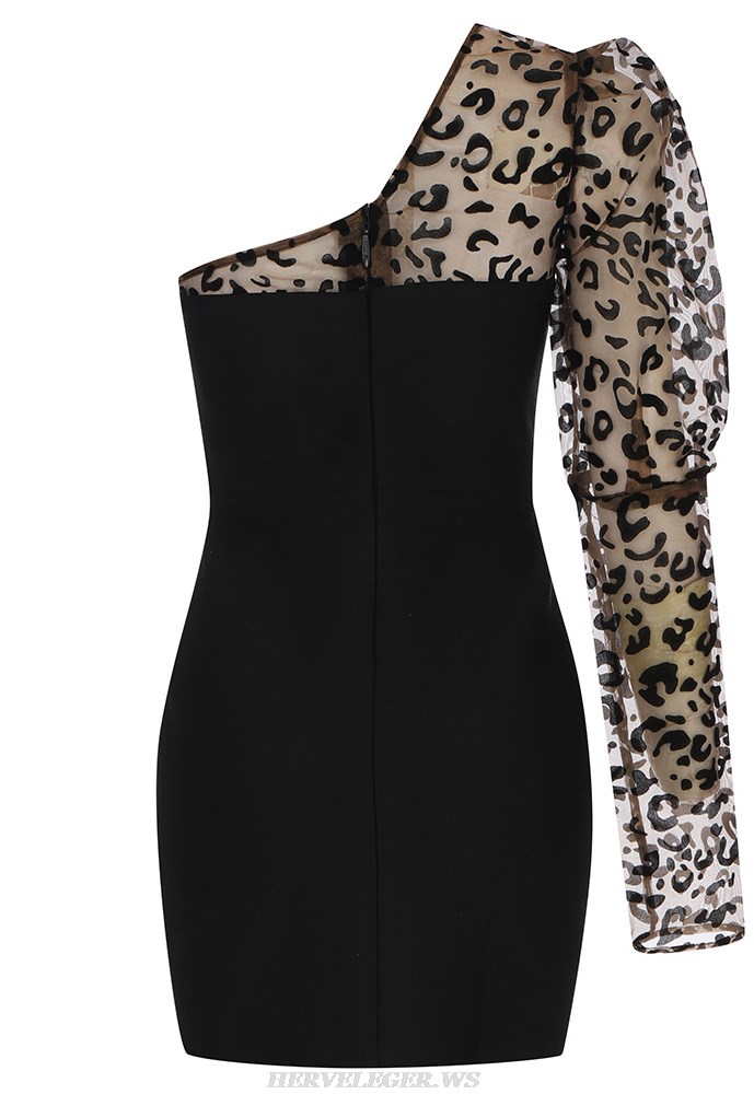 Herve Leger Black Animal Print One Sleeve Corset Dress