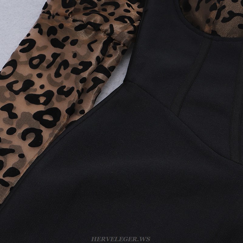 Herve Leger Black Animal Print One Sleeve Corset Dress