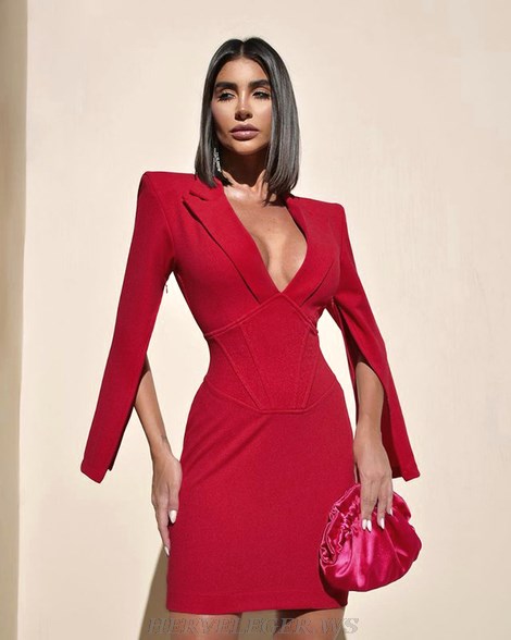 Herve Leger Red Cape Sleeve Corset Dress Herve Leger Red Cape Sleeve Corset Dress