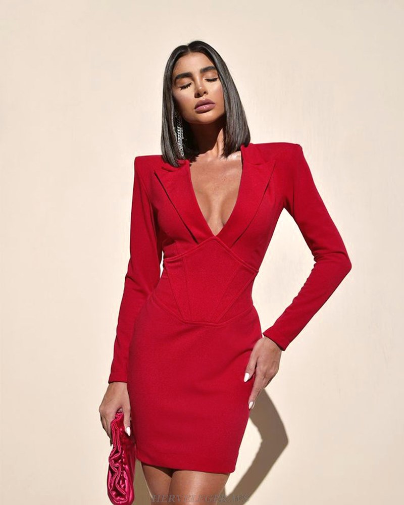 Herve Leger Red Cape Sleeve Corset Dress