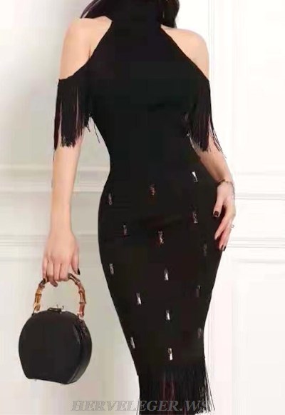 Herve Leger Black Cold Shoulder Tassel Dress