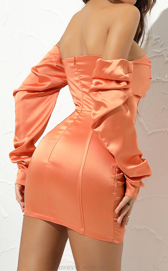 Herve Leger Orange Draped Long Sleeve Off Shoulder Silk Dress