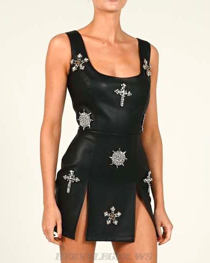 Herve Leger Black Embellished Faux Leather Dress