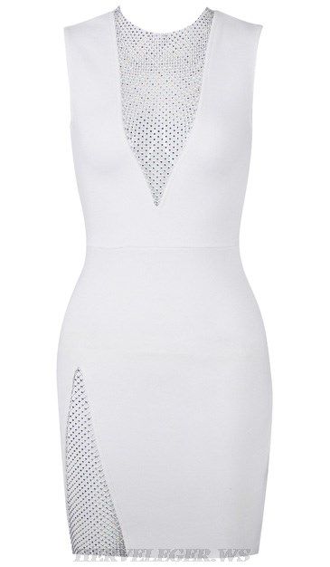 Herve Leger White Embellished Panel Dress