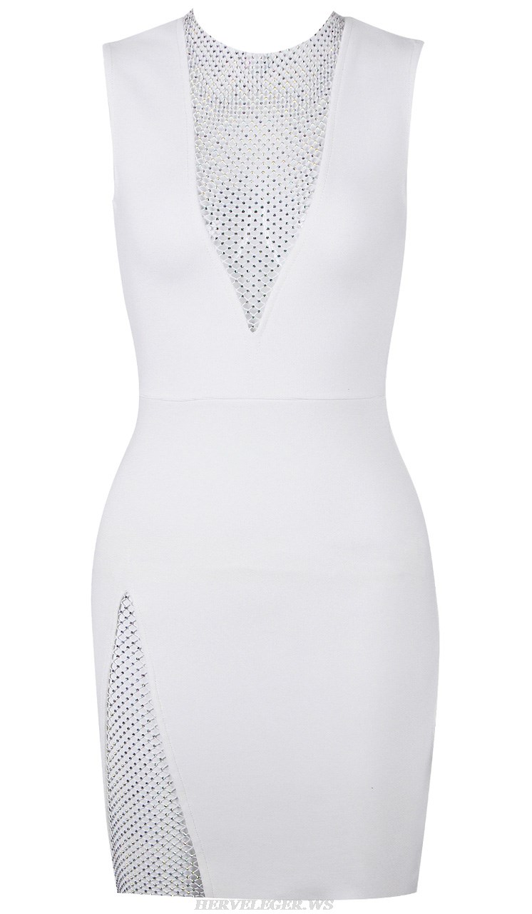 Herve Leger White Embellished Panel Dress