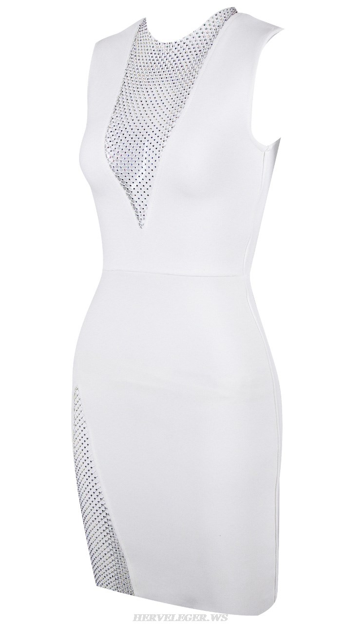 Herve Leger White Embellished Panel Dress