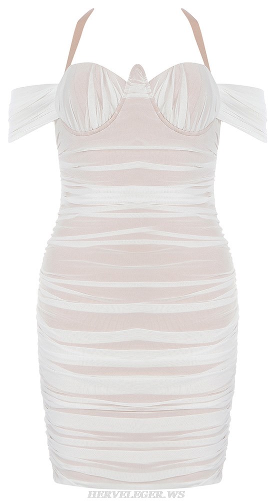 Herve Leger White Halter Bardot Draped Mesh Dress