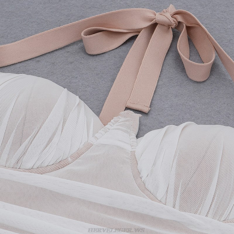 Herve Leger White Halter Bardot Draped Mesh Dress