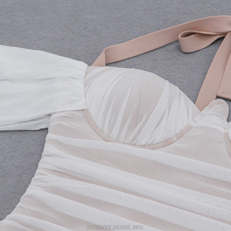 Herve Leger White Halter Bardot Draped Mesh Dress