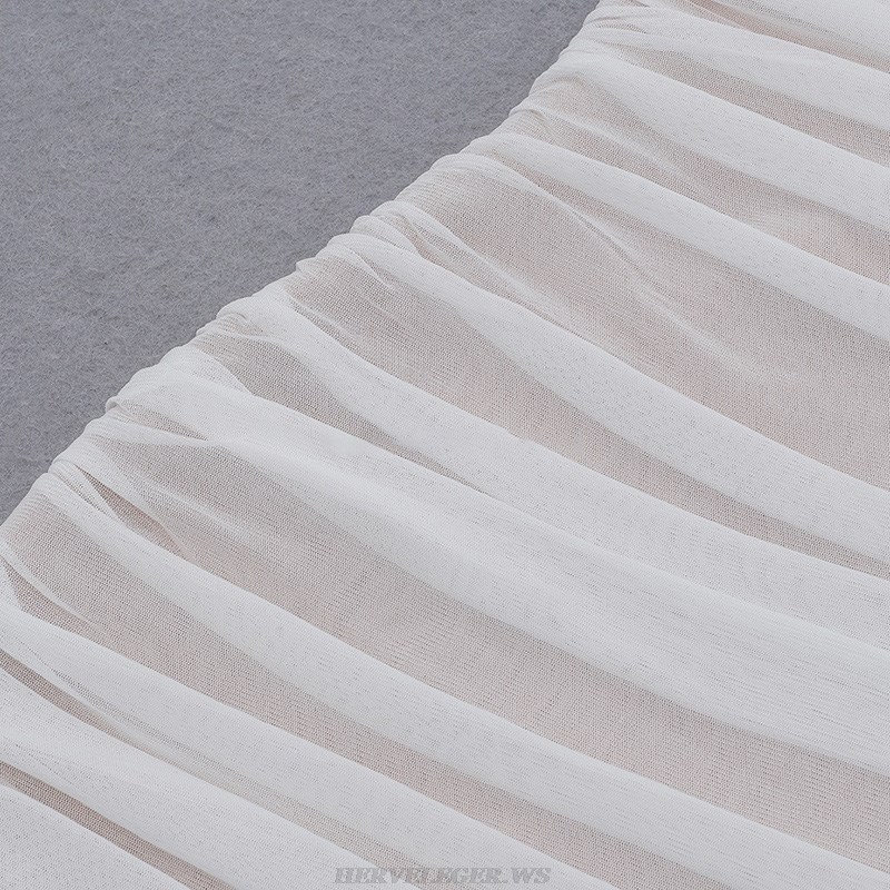 Herve Leger White Halter Bardot Draped Mesh Dress