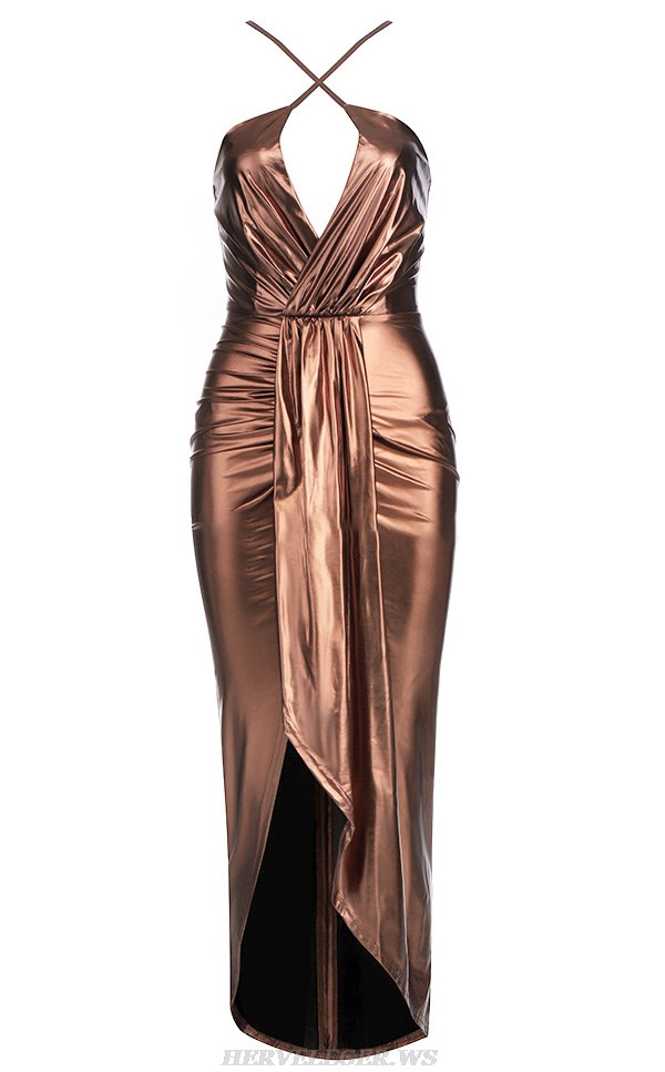 Herve Leger Copper Halter Draped Metallic Dress