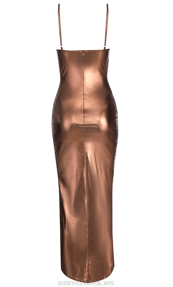 Herve Leger Copper Halter Draped Metallic Dress