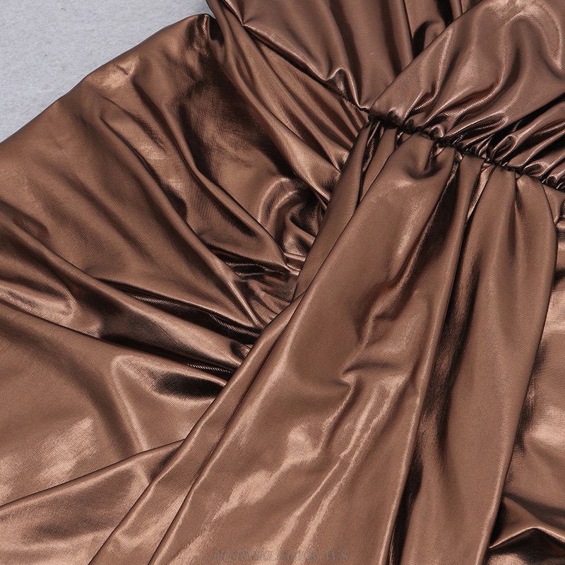 Herve Leger Copper Halter Draped Metallic Dress