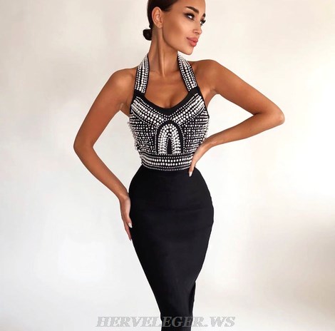 Herve Leger Black Halter Pearl Embellished Dress