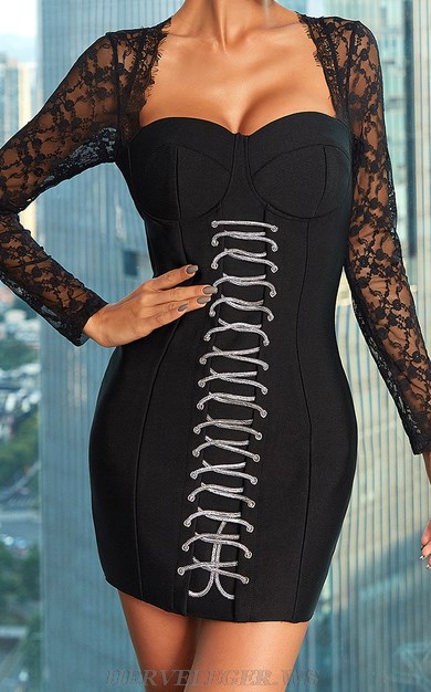 Herve Leger Black Lace Long Sleeve Lace Up Corset Dress