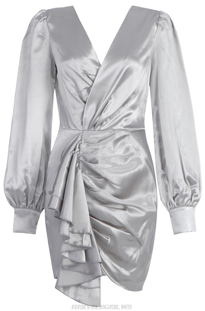 Herve Leger Silver Long Puff Sleeve Draped Silk Dress