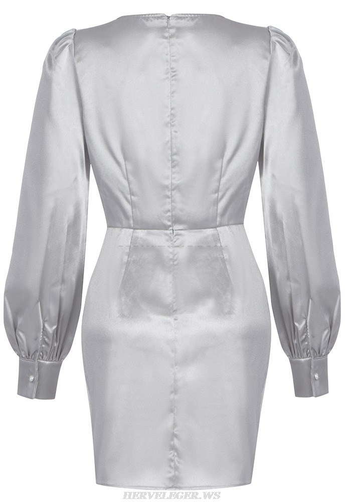 Herve Leger Silver Long Puff Sleeve Draped Silk Dress