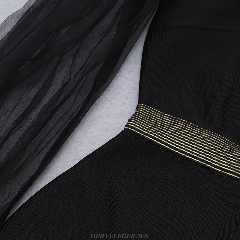 Herve Leger Black Gold Long Puff Sleeve Foil Dress