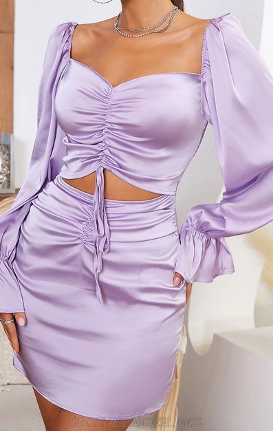 Herve Leger Lavender Long Puff Sleeve Ruched Silk Dress