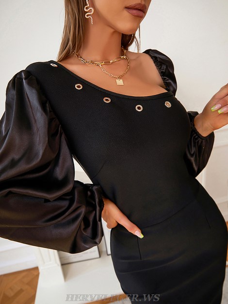 Herve Leger Black Long Puff Sleeve Studded Dress