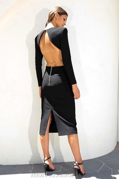 Herve Leger Black Long Sleeve Backless Chain Dress