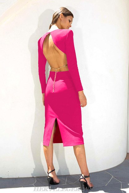 Herve Leger Hot Pink Long Sleeve Backless Chain Dress