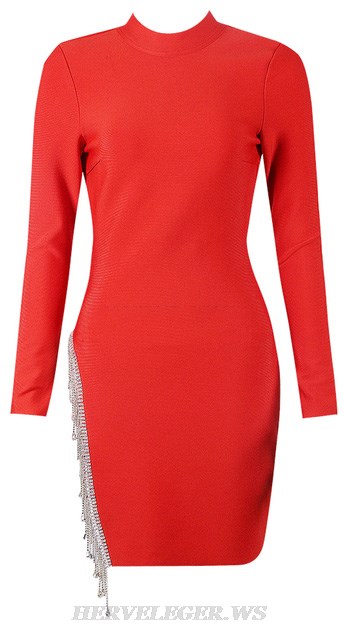 Herve Leger Red Long Sleeve Backless Embellished Dress