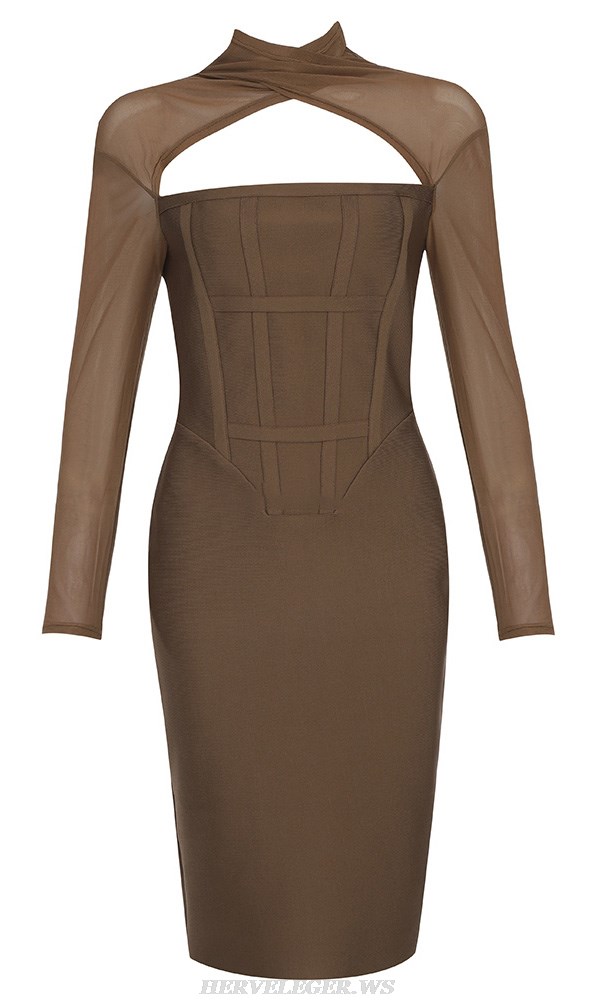 Herve Leger Brown Long Sleeve Corset Dress
