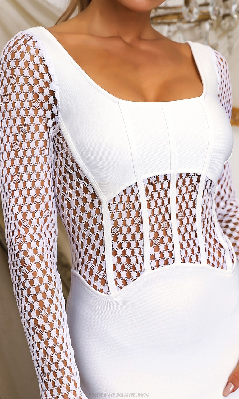 Herve Leger White Long Sleeve Crochet Corset Dress