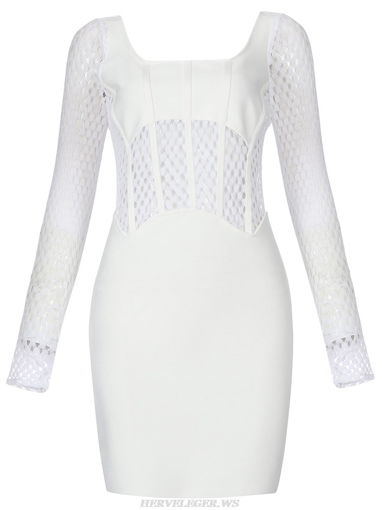 Herve Leger White Long Sleeve Crochet Corset Dress